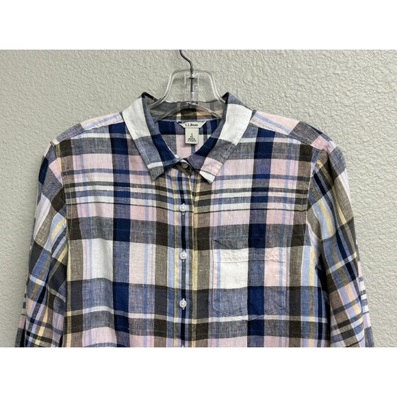 LL Bean Womens 100% Linen Plaid Button Up Collared Shirt Size Small Blue Blouse - Picture 3 of 9